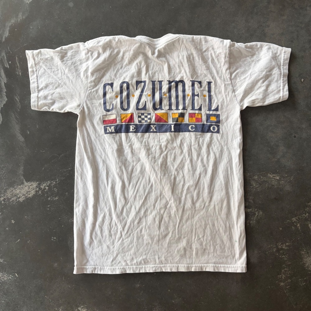 Vintage La Iguana Cozumel Mexico Nautical Flag Graphic T-Shirt White Mens M